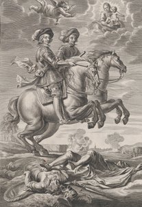 Levy 10: Unkarin kuningas ja Ferdinand hevosen selässä, Guillielmus Becanuksen teoksesta Sere..., 1636.