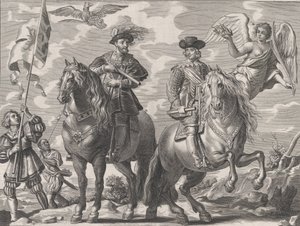 Levy 20: Kaarle V ja Ferdinand hevosen selässä, William Becanuksen teoksesta Serenissimi Pr..., 1636. tekijältä Pieter de Jode II