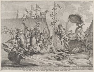 Kilpi 35: Filippos Espanjalainen Neptunuksena, ratsastaa kahden merihevosen vetämissä vaunuissa, Gu..., 1636.