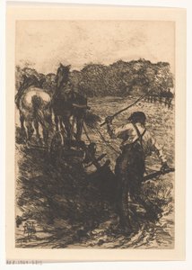 Maanviljelijä, jolla on kaksi kyntöhevosta tekijältä Pieter de Josselin
