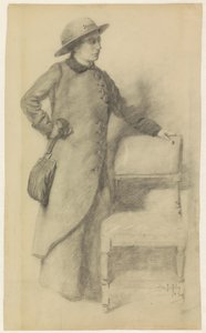 Seisova nainen hattu ja viitta tekijältä Pieter de Josselin