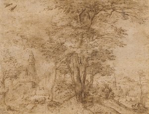 Kylä, jossa on joukko puita ja muuli, n. 1552-54 tekijältä Pieter Bruegel the Elder