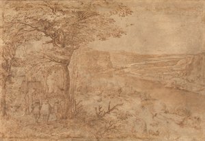 Maisema pyhiinvaeltajien kanssa (kynä ja ruskea muste paperille) tekijältä Pieter Bruegel the Elder