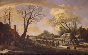 Talvimainen jokimaisema talonpoikien ja hevosrekien kanssa tekijältä Pieter the Elder Molyn