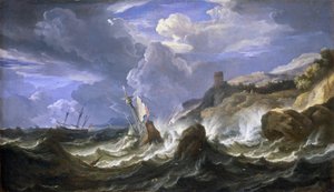 Haaksirikko myrskyssä lähellä kallioista rannikkoa. Öljyä kankaalle, 1600-luvun puoliväli, tekijä Pieter Mulier II nuorempi (tai Pietro Mulieribus tai Pietro Cavaliere Tempesta) (1637-1701). tekijältä Pieter the Younger (1637 1701) Mulier
