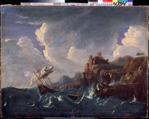 Myrskyinen meri. Myrskyinen meri. Pieter Mulier II nuoremman (tai Pietro Mulieribusin tai Pietro Cavaliere Tempestan) maalaus (1637-1701). Hollantilainen taide, barokkityyli. Öljy kankaalle. Valtion historian ja taiteen museo, Serpukhov (Serpukhov).
