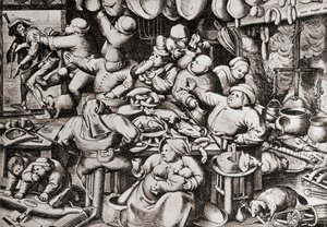 Kerjäläinen heitetään ulos rikkaan miehen keittiöstä, 1500-luvulla (kaiverrus) tekijältä Pieter the Younger Brueghel