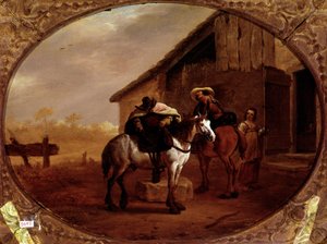 Lähtö hotellilta Kaksi hevosmiestä ratsastaa hevosillaan pysähdyksen jälkeen majatalossa. Pieter Van Laer dit Bamboccio (BAmboche ou Bamboots) maalaus (1592/5-1642) (ec.holl.) 1600-luvun su. 32x43 cm Pariisi, musee du Louvre - Lähtö Innistä, Piet tekijältä Pieter van Laar