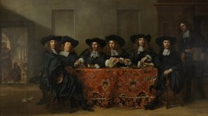 Kuusi valtionhoitajaa ja talomestari Oude Zijds -instituutissa ulkona köyhien auttamiseksi, Amsterdam, 1675