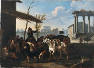 Talonpoikia majatalon ulkopuolella, kaupunki ja muinaiset rauniot sen takana. tekijältä Pieter van Bloemen