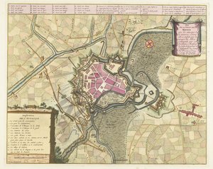 Kaart van het beleg van Menen, 1706 Meninin kaupungin suunnitelma liittoutuneiden joukkojen (...) hyökkäyksillä (...). (otsikko esineessä) tekijältä Pieter van Call (II)
