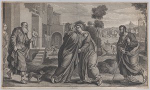 Vierailu, Pyhä Elisabeth syleilee Neitsyttä keskellä, kun Pyhä Joosef kävelee..., noin. 1656-60 tekijältä Pieter van Lisebetten