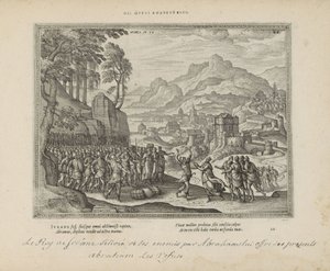 Abraham en de koning van Sodom Ole tämä rautaseinä (otsikko esineessä) Pyhät tunnukset ja molempien testamenttien tärkeimmät historiat (Oude Testament) (sarjan nimi) Kirjojen kuvia ja hahmoja (sarjan nimi) tekijältä Pieter van der Borcht (I)