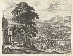 Abraham ruokkii kolmea enkeliä Maisemat, joissa on Abrahamin tarina (sarjan nimi) tekijältä Pieter van der Borcht (I)