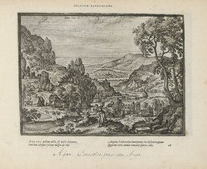 Landschap met Hagar en de engel Lohduttaa tulta (otsikko esineessä) Pyhät tunnukset ja molempien testamenttien tärkeimmät historiat (Oude Testament) (sarjan nimi) Kirjojen kuvia ja hahmoja (sarjan nimi) tekijältä Pieter van der Borcht (I)