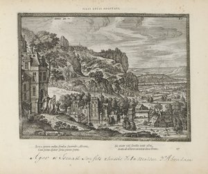 Landschap met de verdrijving van Hagar en Ismaël door Abraham Lucuksen adoptoidut pojat (otsikko esineessä) Pyhät tunnukset ja molempien testamenttien tärkeimmät historiat (Oude Testament) (sarjan nimi) Kirjojen kuvia ja hahmoja (sarjan nimi) tekijältä Pieter van der Borcht (I)