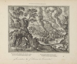 Vernietiging van Sodom en Gomorrah / Lot en zijn dochters Ikuinen oikeuden muistomerkki (nimi esineessä) Pyhät tunnukset ja molempien testamenttien tärkeimmät historiat (Oude Testament) (sarjan nimi) Kirjojen kuvia ja hahmoja (sarjan nimi) tekijältä Pieter van der Borcht (I)