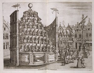 Siirrettävää teatteria kuvaava kuvitus "Hitorican kertomuksesta lähtö- ja vihkiäisistä...", kirjoittanut Johannes Bochius, Plantin Press, 1602