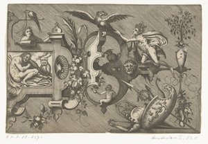 Yötä kuvaavan suuren cartussin oikea puoli Compertimenta pictoriis flosculis manubiisque… (sarjan nimi) tekijältä Pieter van der Heyden