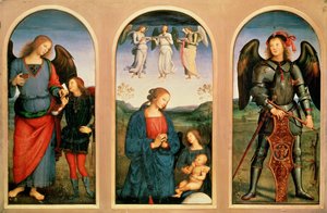 Neitsyt ja enkelit, vasemmalla ja oikealla arkkienkelit Rafael ja nuori Tobias ja kala ja Rafael ... (maalaus kankaalle) tekijältä Pietro (after) Perugino
