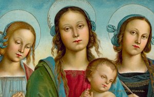 Neitsyt ja lapsi pyhien Rosan ja Katariinan välissä (kromoliitti) tekijältä Pietro (after) Perugino