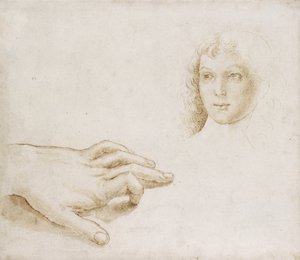 Pään ja käden tutkimukset (kynä ja sivellin vaaleanruskealla musteella metallikärjellä valkoisella paperilla) tekijältä Pietro (circle of) Perugino