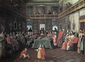 Konsertti omakotitalossa - Yksityinen konsertti talossa. Pietro Longhin koulun maalaus tekijältä Pietro (school of) Longhi