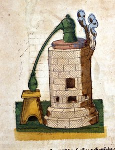 Alkemia: Tislauslaitteisto. Kaiverrus Pietro Andrea Mattiolin (Matthiole) (1500-1577) kirjasta. Frankfurt