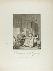 Ilmoitus raskaudesta, lähteestä Monument du Costume Physique et Moral de la fin du Dix-huitième siècle (Monument du Costume Physique et Moral de la fin du Dix-huitième siècle).