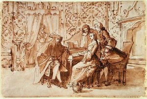 Musiikkijuhlat (kynä ja ruskea pesu mustalla liidulla paperilla) tekijältä Pietro Antonio Novelli