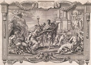Annibale Carracci esittelee maalauksen Apollolle ja Minervalle, 1674. tekijältä Pietro Aquila