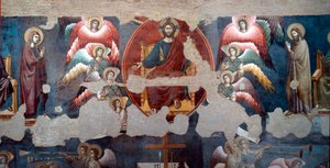 Viimeinen tuomio Kannattava Kristus ympäröi enkeleitä. Yksityiskohta. Pietro de Cerroni dit Cavallinin fresko (toimii noin 1273-1321) 1293 Rooma, Santa Cecilia in Trasteveren