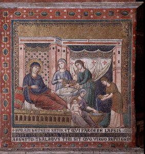 Maria Mosaic syntymä Pietro Cavallinin apsisista (toimii noin 1273-1330) 1200-luvun lopulla (Marian syntymä, mosaiikki Pietro Cavallinin apsisista, 1200-luvun loppu) Rooma, Church Santa Maria in Trastevere Italia