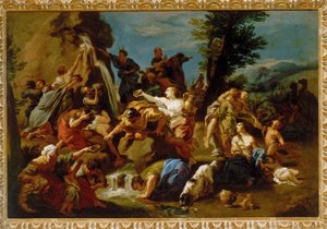 Mooses iskee kallioon erämaassa,
1700-luvun jälkipuolisko (öljy kankaalle).