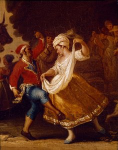 Tanssikohtaus ja suosittu juhla Napolissa Tarantellan yksityiskohta (tarantella, tarantella). Pietro Fabrisin maalaus (toimii vuosina 1763-1776) 1700-luvun Napoli, Museo Nazionale di San Martino