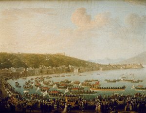 Espanjalaisen Kaarle III:n (Carlos III) (1716-1788) lähtö Napolinlahdelta (Italia). Pietro Fabrisin (1756-1779) maalaus öljy kankaalle tekijältä Pietro Fabris