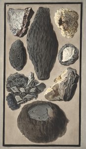Näytteitä vulkaanisesta aineesta, Sir William Hamiltonin (1730-1803) teoksesta "Campi Phlegraei: Observations on the Volcanoes of the Two Sicilies", julkaistu 1776 (käsinvärinen kaiverrus) tekijältä Pietro Fabris
