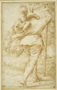 St. Christopher lautalla Christ Childia (kynä ja ruskea muste valkoisella paperilla)