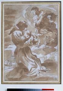Neitsyt jakavat Jeesuksen lapsen pyhälle Francois Assisilaiselle Pietro Faccinin (1560-1602) piirustus 1500-luvun su. 0,23 x 0,33 m Pariisi. Louvren taidemuseo