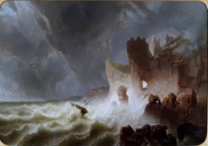 Lido solitario Merimaisema, jossa laiva joutui myrskyyn ja törmäsi kallioille. Pietro Giurian maalaus (1800-luku) Dim. 140x200 cm Genes Nervi, Galleria d