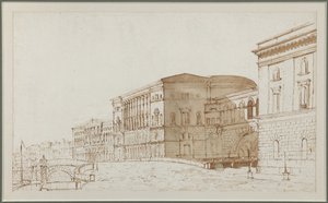 Eremitaaši-teatteri Pietarissa - Pietro di Gottardo Gonzaga (1751-1831). Kynä, sivellin, ruskea väri paperilla