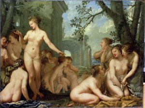 Diana ja Callisto (Diana ja Callisto). Kreikkalainen mytologia: Diana löytää raskaana olevan Zeuksen nymfin Calliston raskauden. Pietro Liberin (1614-1687) maalaus. barokin taidetta. Öljy kankaalle. Pietarin Eremitaaši