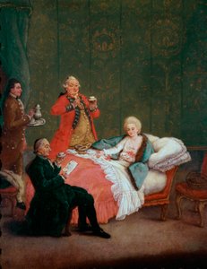 Aamun suklaa nuori nainen makaa sängyssään kolmen miehen palvelemana. Pietro Longhin (1702-1785) maalaus 1775-1780. Himmeä. 60x47 cm Ca 