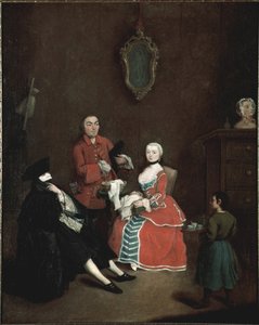 Naamio vierailu Bauta (bautta) merkki vetu venetsialainen puku koostuu musta viitta, musta tricorn hattu ja valkoinen naamio - (Visit in Bauta naamio) Maalaus Pietro Longhi (1702-1785) 1760 n. Dim 62x50 cm Venetsia, Ca 