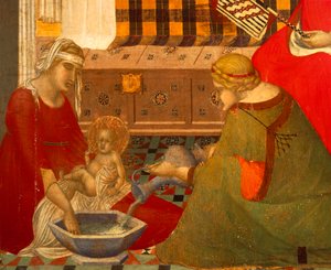 Neitsyen syntymä, yksityiskohta Pietro Lorenzettin (noin 1280-1348) Neitsyt syntymän triptyykistä, tempera puulla tekijältä Pietro Lorenzetti