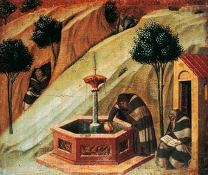 Karmeliitti ammentaa vettä profeetta Elian lähteestä, yksityiskohta Pietro Lorenzettin (noin 1280-1348) Carmine-alttaritaulusta, temperaa ja kultaa puupaneelilla tekijältä Pietro Lorenzetti