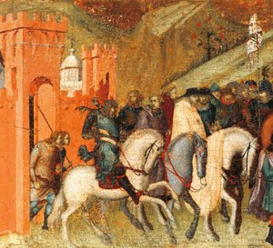 Ensimmäiset karmeliitin erakot Elian keväällä, yksityiskohta Carmine, Pietro Lorenzetti (noin 1280-1348) alttaritaulun predellistä, tempera ja kulta puupaneelissa tekijältä Pietro Lorenzetti