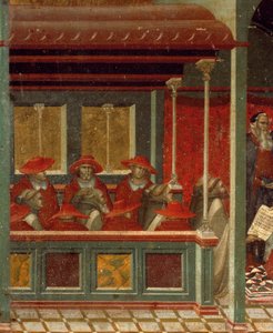 Honorius III:n hyväksymä karmeliitin sääntö, yksityiskohta Pietro Lorenzettin (noin 1280-1348) Carmine-alttaritaulun predellasta, tempera ja kulta puupaneelissa tekijältä Pietro Lorenzetti