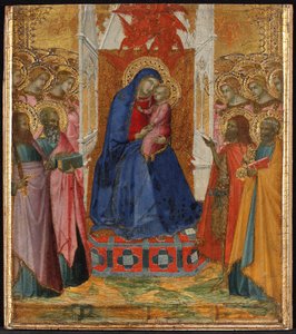 Maria auf dem Thron mit dem Kind, anbetende Engel und Heilige Paulus, Johannes der Evangelist, Johannes der Täufer und Petrus
