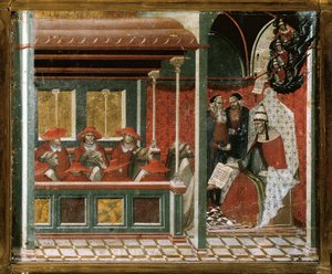 Paavi Honorius III hyväksyi karmeliitin säännön, yksityiskohdat (tempera ja kulta puussa) tekijältä Pietro Lorenzetti